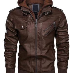 CRYSULLY Men’s Leather Jacket-Fall Winter Vintage Motorcycle Biker Jacket with Removable Hood