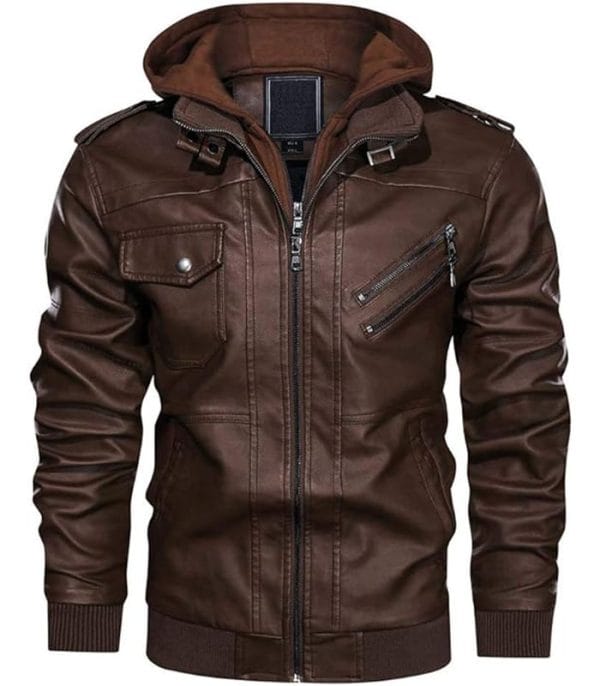 CRYSULLY Men’s Leather Jacket-Fall Winter Vintage Motorcycle Biker Jacket with Removable Hood